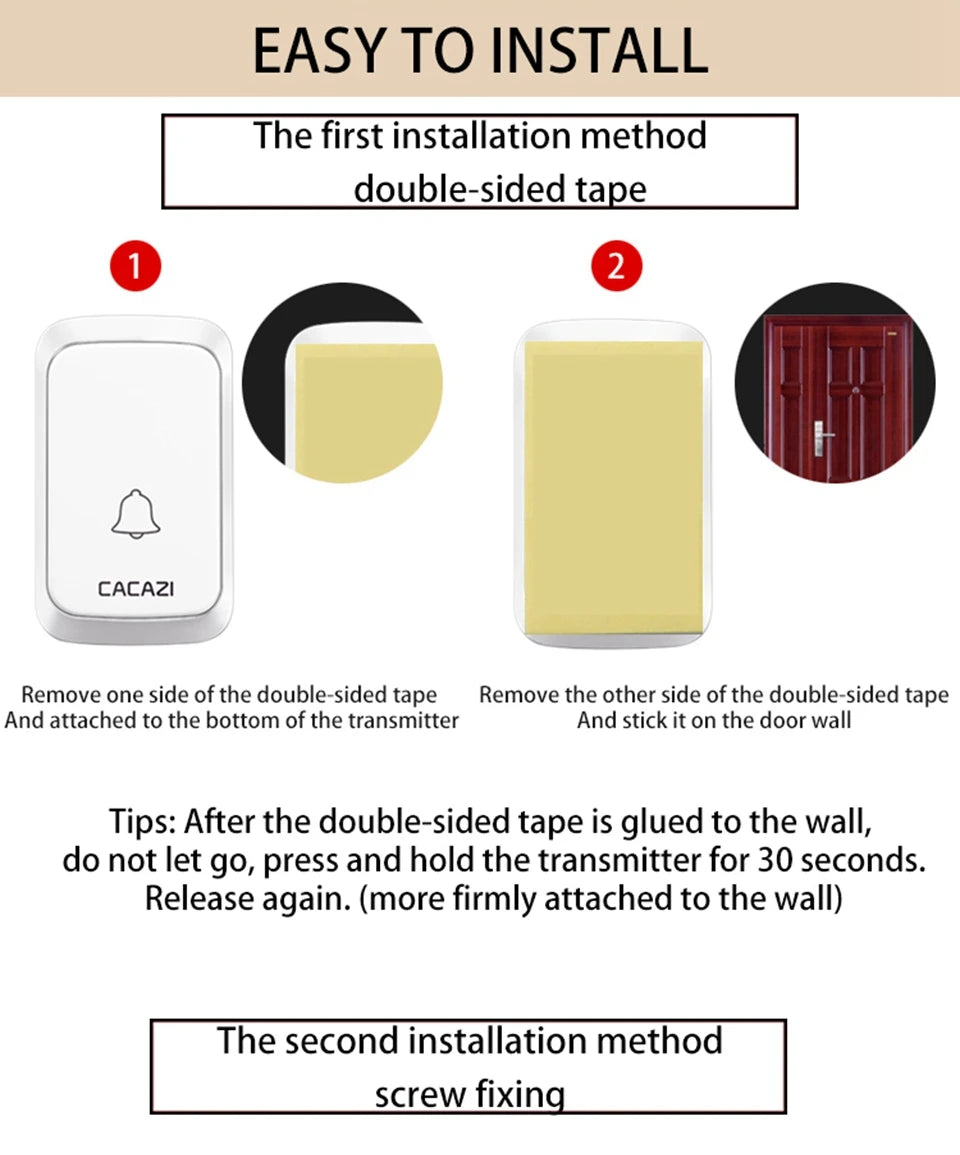 CACAZ Smart Home Waterproof Wireless Doorbell For Outdoor 4 Levels Volume 80DB 60 Chimes Home Calling Bell US EU UK AU Plug