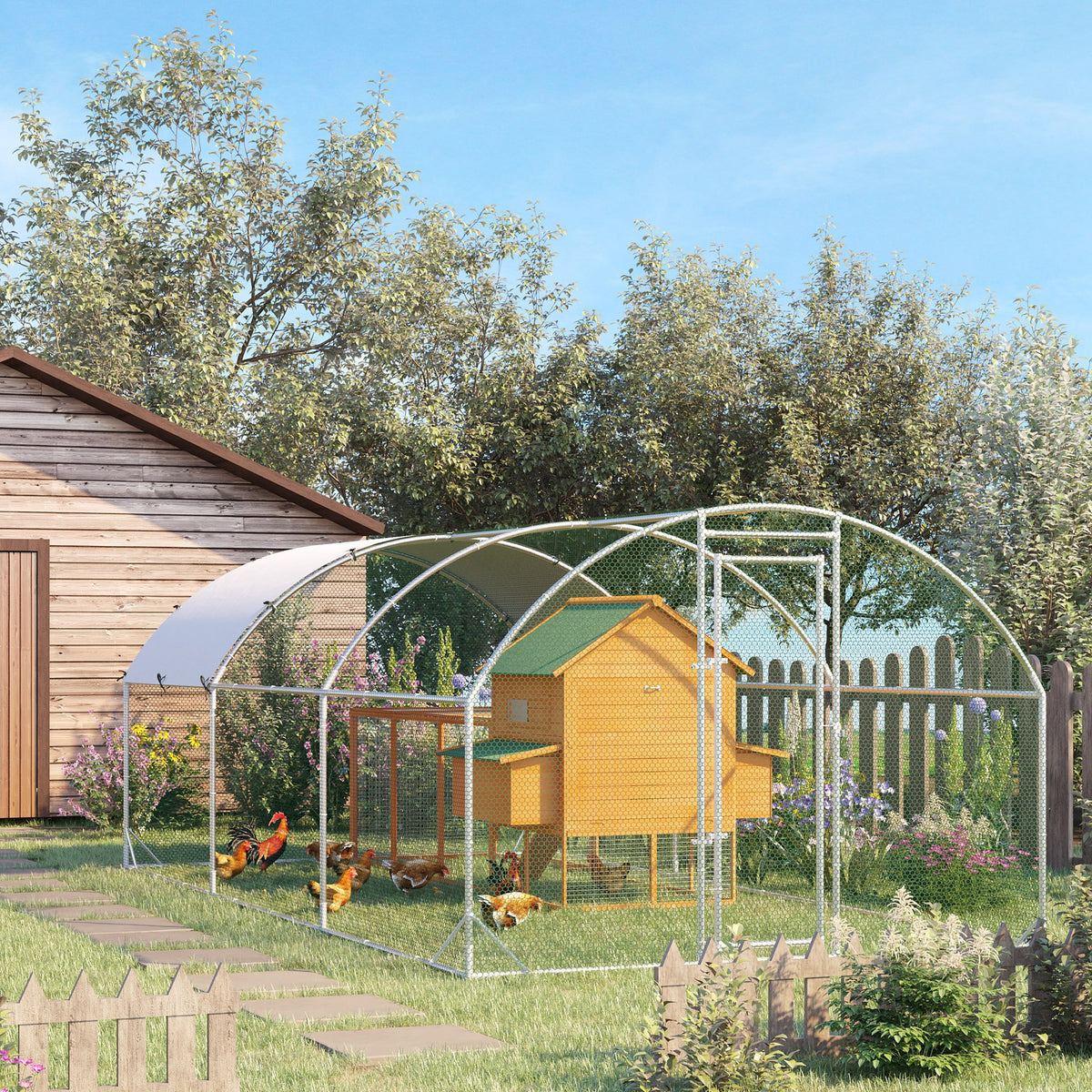 PawHut Large Galvanised Chicken Coop with Cover 5.7x2.8x2m Outdoor for Hens - Silver Grey