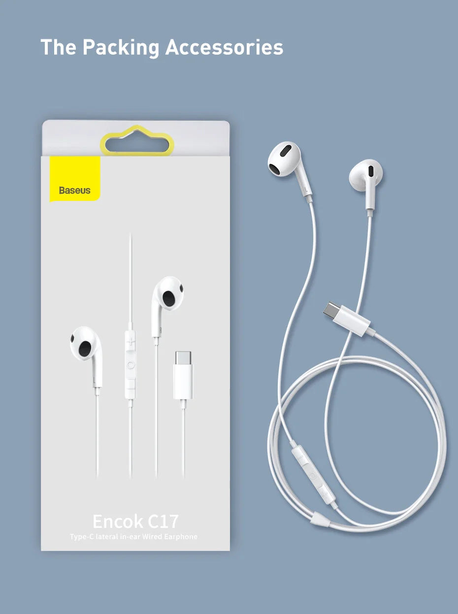 Baseus C17 Type-C Earphones In Ear Hearphone Wired Headset With Mic For Smart Phone For Xiaomi Samsung S21 S20 Cellphone Headset