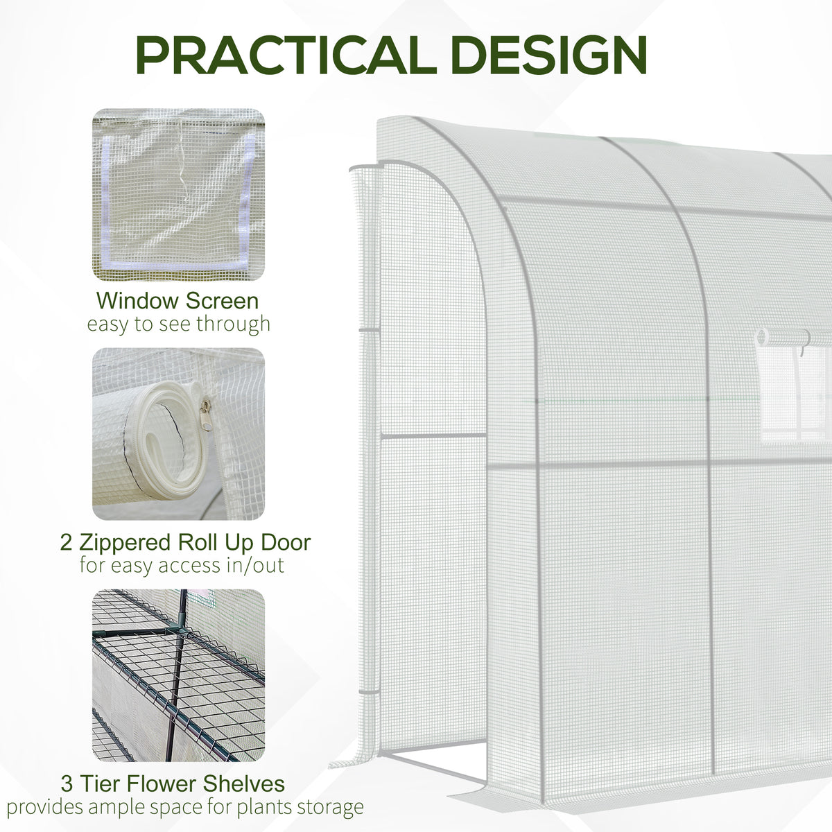 Outsunny Walk-In Lean to Wall Greenhouse with Windows and Doors, Outdoor Green House with 3 Tiers 4 Wired Shelves, 200L x 100W x 215Hcm, White