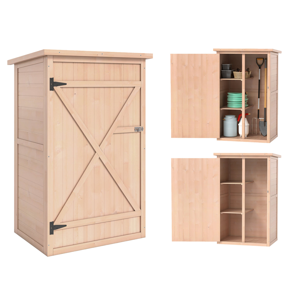 Outsunny Wooden Small Shed, Garden Storage Shed with Shelves and Bolt Latch, 75L x 56W x115H cm, Natural
