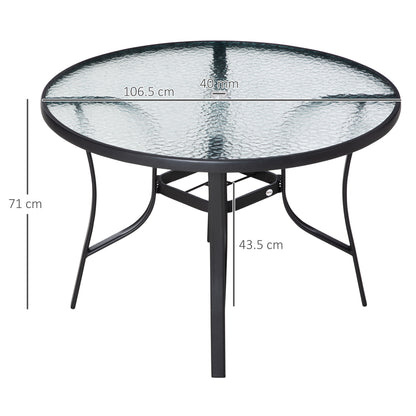 Outsunny 106cm Round Garden Dining Table with Parasol Hole, Tempered Glass Top, Steel Frame