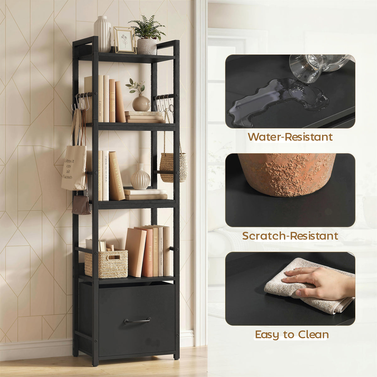 HOMCOM 4-Tier Bookshelf, Narrow Bookcase with Drawer, 8 Hooks, Metal Frame, Black