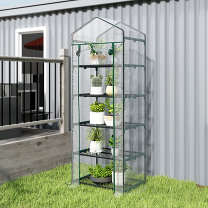 Outsunny 5 Tier Mini Greenhouse, Small Walk-in Greenhouse with Reinforced Plastic Cover, Garden Grow House with Roll Up Door and Shelves, 69 x 49 x 193cm, Green