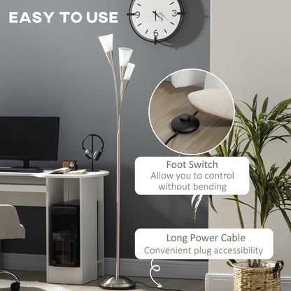HOMCOM Modern Standing Lamp, 3-Light Upright Floor Lamps for Living Room, Silver Tone