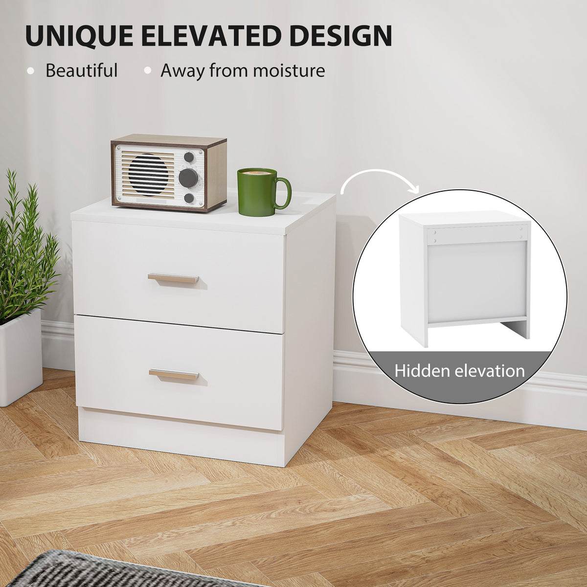 HOMCOM Modern Bedside Table, Beside Cabinet with 2 Drawers, for Bedroom, Living Room, White