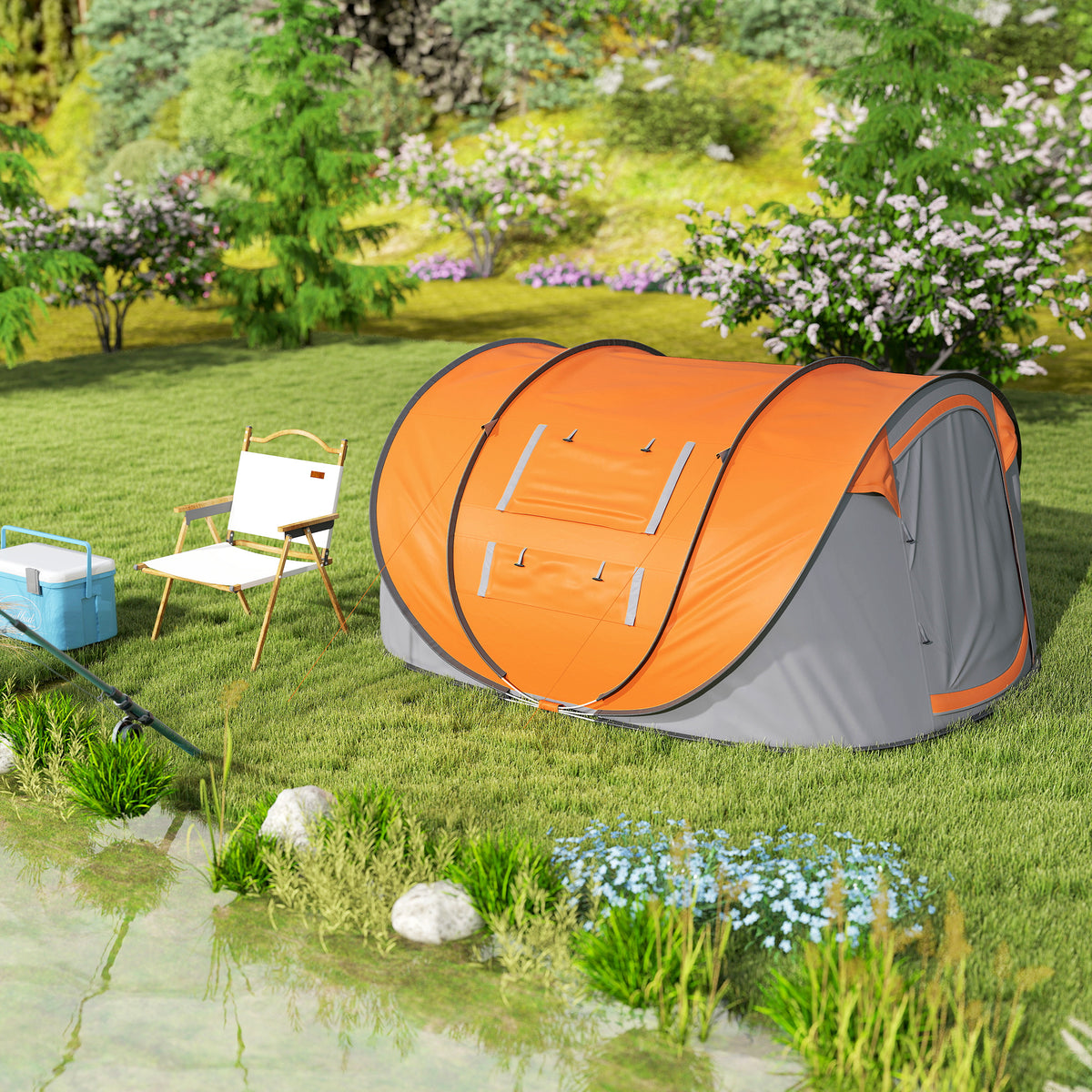 Outsunny 4 Person Pop-up Camping Tent Family Tent with Ground Sheet, 4 Windows and Portable Carry Bag for Beach Outdoor Trip, Orange
