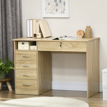 HOMCOM Computer Desk with 5 Drawers, Home Office Desk with Lockable Drawer and Storage Shelf, Study Table for Bedroom, 110 x 50 x 76 cm, Oak