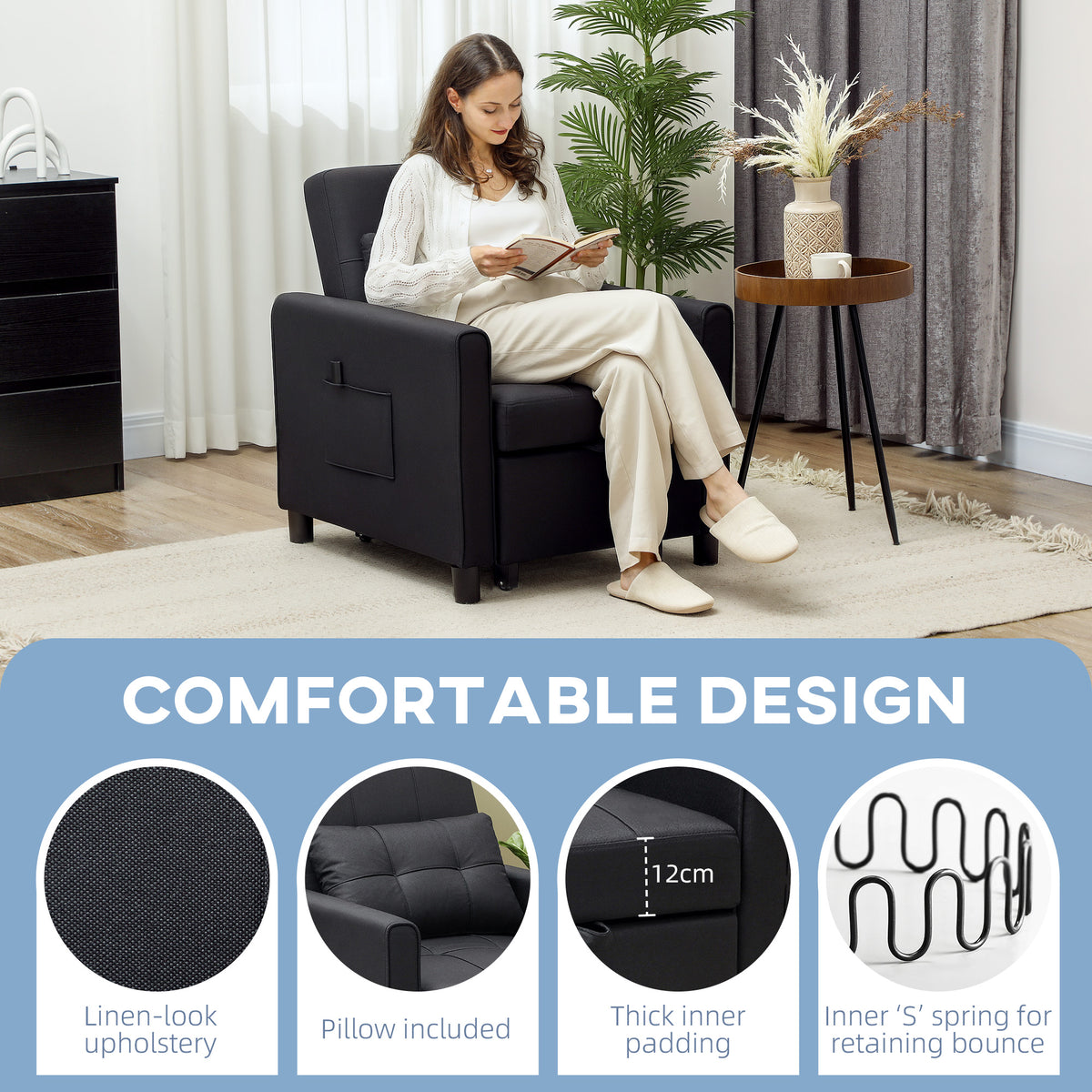 HOMCOM 3-In-1 Linen-Look Single Chair Bed with 11cm Thick Adjustable Back & Eucalyptus Wood Sofa Frame - Black