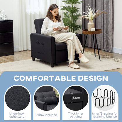 HOMCOM 3-In-1 Linen-Look Single Chair Bed with 11cm Thick Adjustable Back & Eucalyptus Wood Sofa Frame - Black
