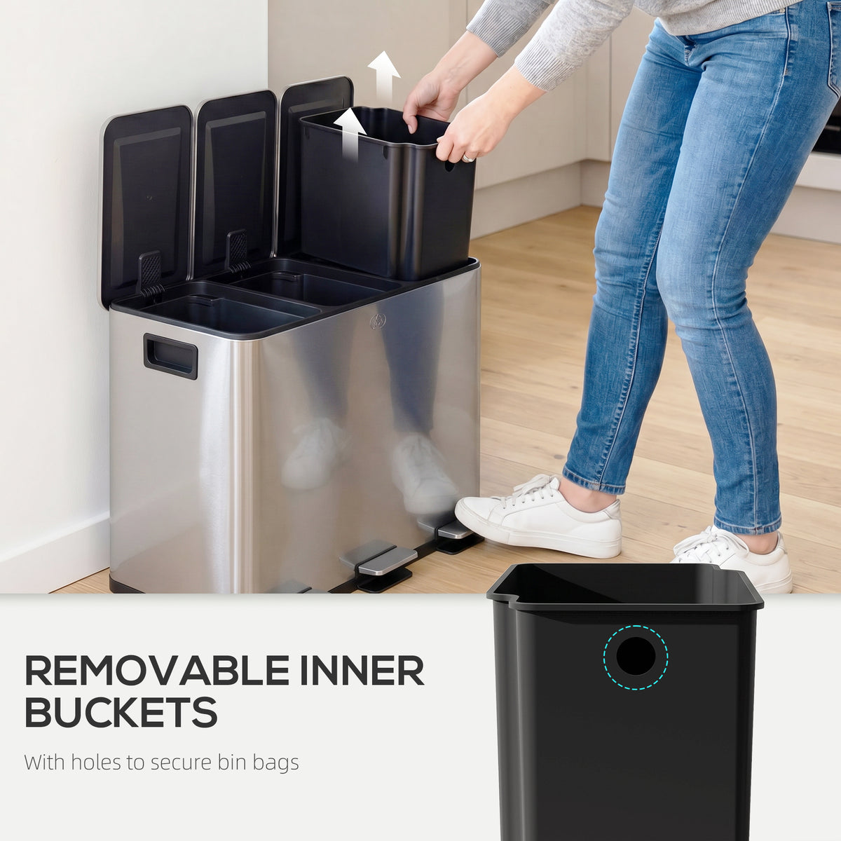 HOMCOM 3 x 20L Pedal Bin, Steel Triple Kitchen Bin with Soft Close Lid, Removable Inner Buckets, Fingerprint-Proof, Silver Tone
