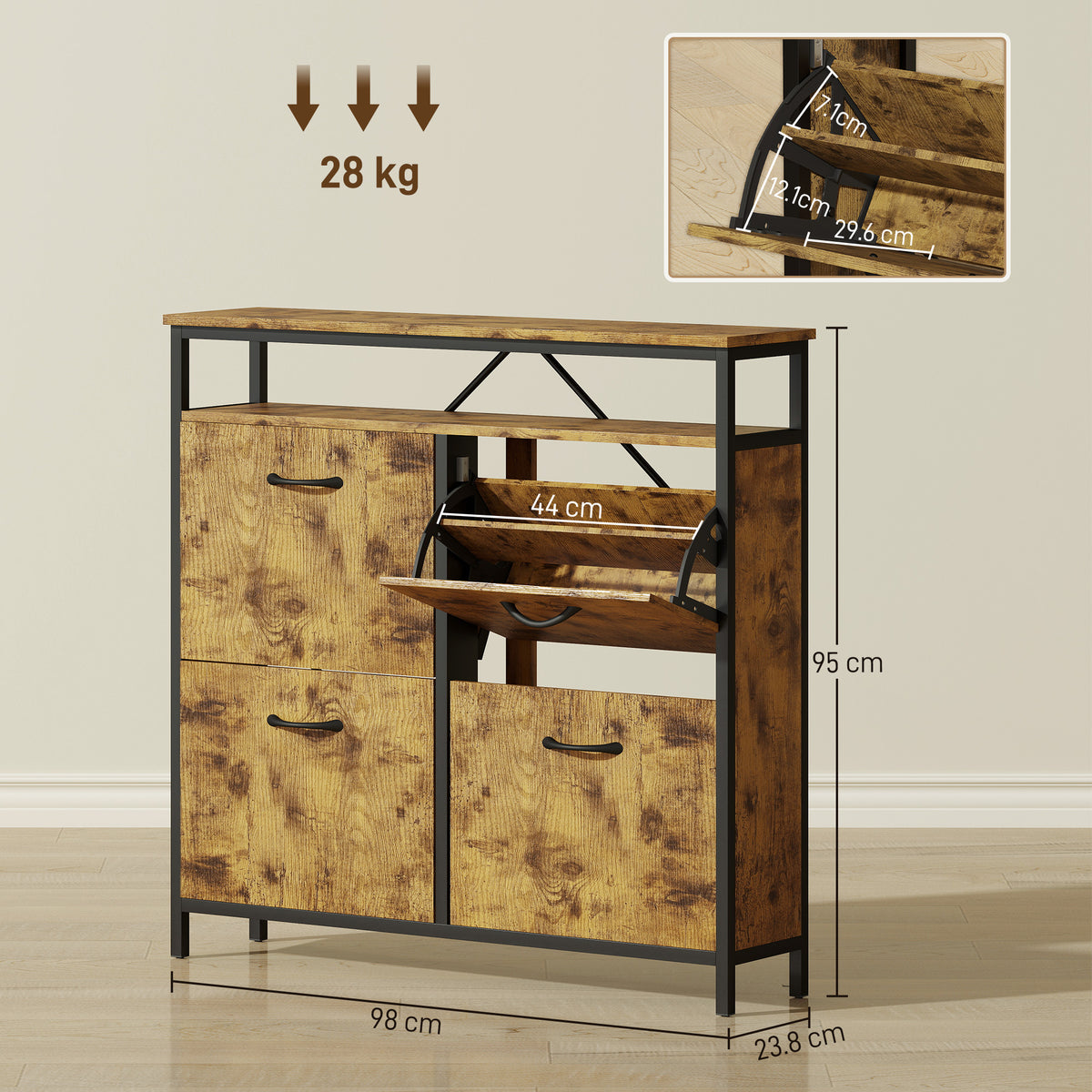 HOMCOM Shoe Storage Cabinet with 4 Flip Drawers and Open Shelf - Rustic Brown