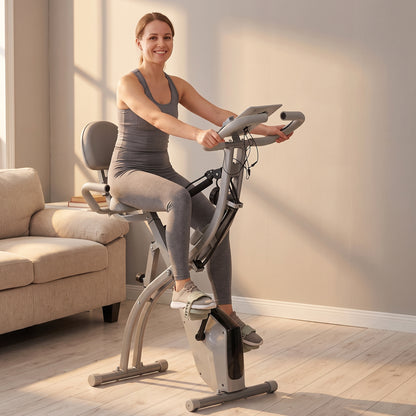 HOMCOM 2-in-1 Folding Exercise Bike with 8-Level Magnetic Resistance, Arm Resistance Band, Pulse Sensor, Grey