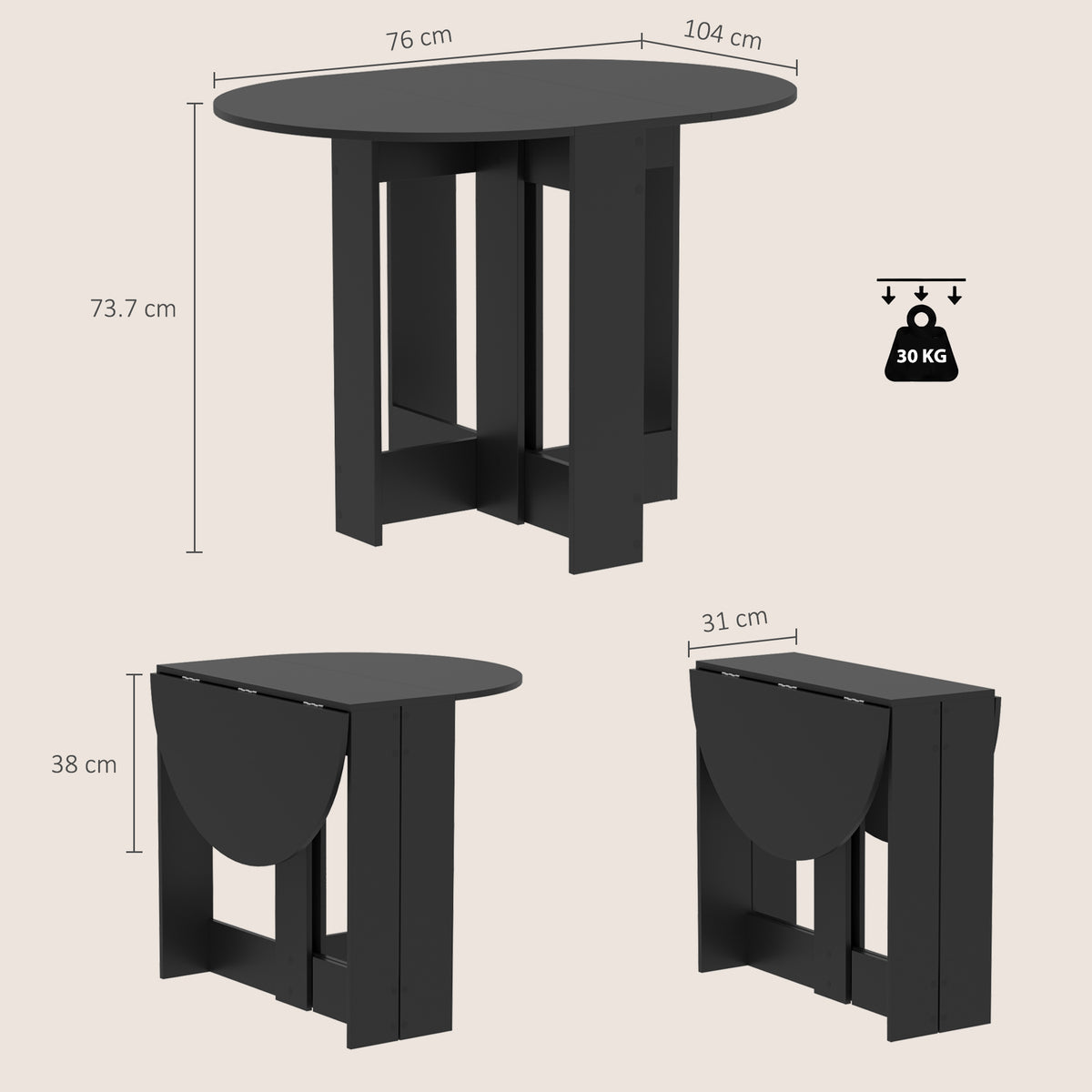 HOMCOM Folding Dining Table,  Drop-Leaf Table with Foldable Leaves for Small Spaces, Kitchen, Dining Room, Black