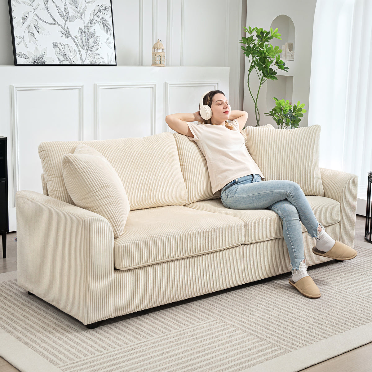 HOMCOM 3 Seater Sofa, 212cm Corduroy Couch with Spring Cushion, Wide and Deep Seat, Plush Backrest, 2 Pillows, Sofa Settee for Living Room, Home Office, Cream White
