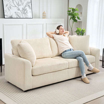 HOMCOM 3 Seater Sofa, 212cm Corduroy Couch with Spring Cushion, Wide and Deep Seat, Plush Backrest, 2 Pillows, Sofa Settee for Living Room, Home Office, Cream White