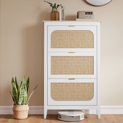 HOMCOM Narrow Shoe Cabinet, Boho Slim Shoe Storage Cabinet with 3 Flip Drawers, Holds 21 Pairs, White