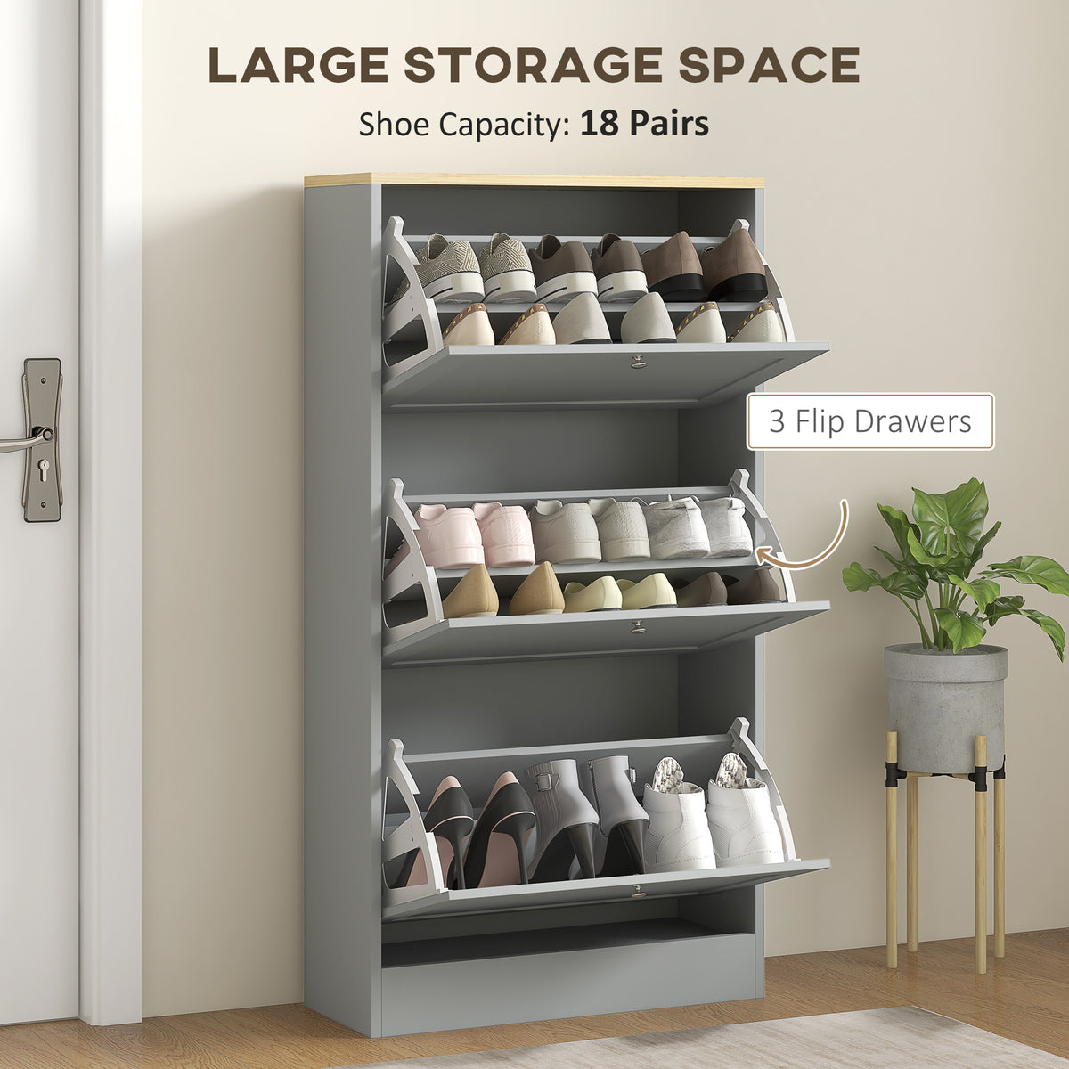 HOMCOM Modern Compact Three-Drawer Shoe Storage Cabinet - Grey