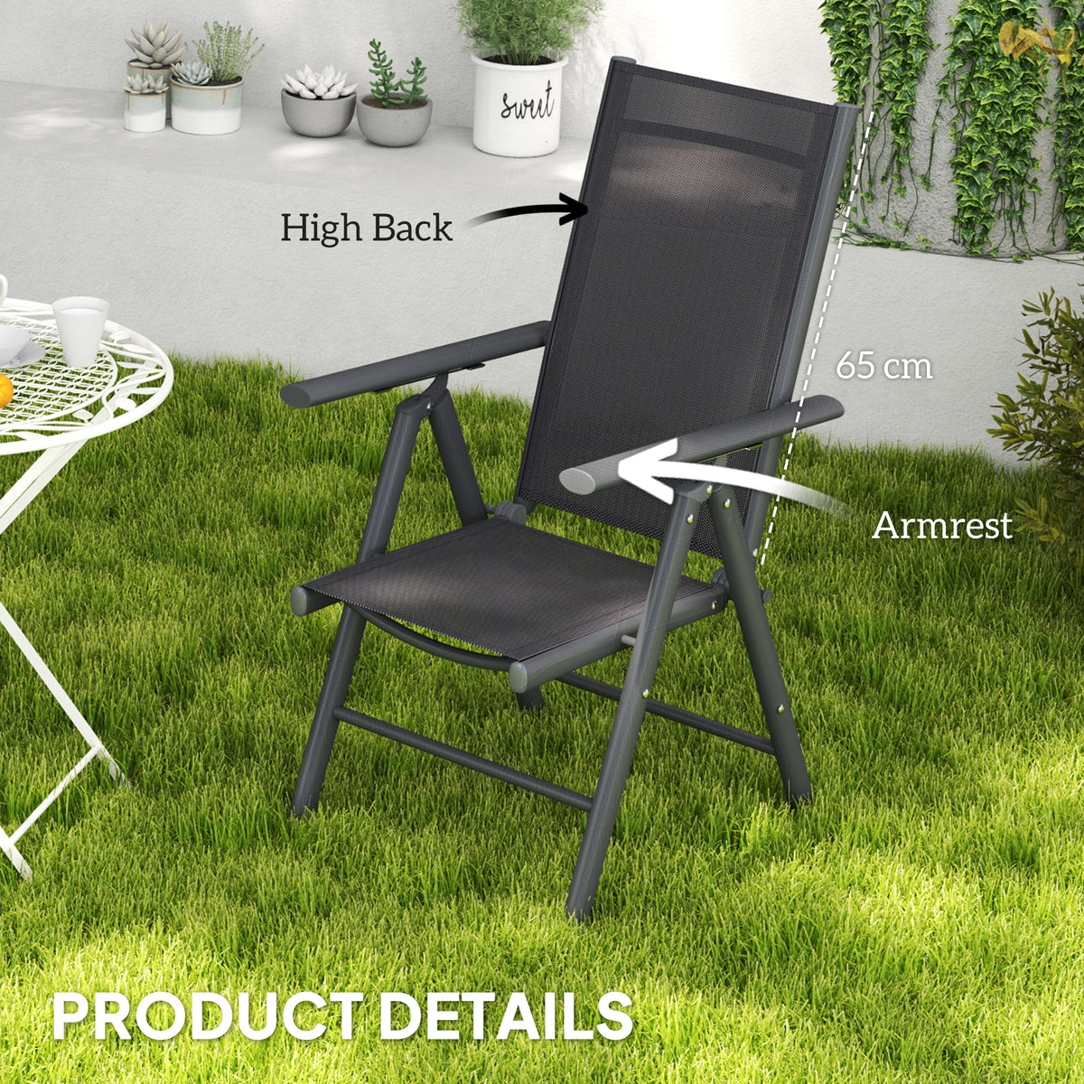Outsunny Set of 2 Folding Garden Chairs, Aluminium Frame Outdoor Dining Chairs with Breathable Mesh Back and Seat, Garden Folding Chair Set with Armrests for Balcony, Dark Grey