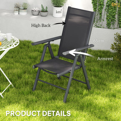 Outsunny Set of 2 Folding Garden Chairs, Aluminium Frame Outdoor Dining Chairs with Breathable Mesh Back and Seat, Garden Folding Chair Set with Armrests for Balcony, Dark Grey