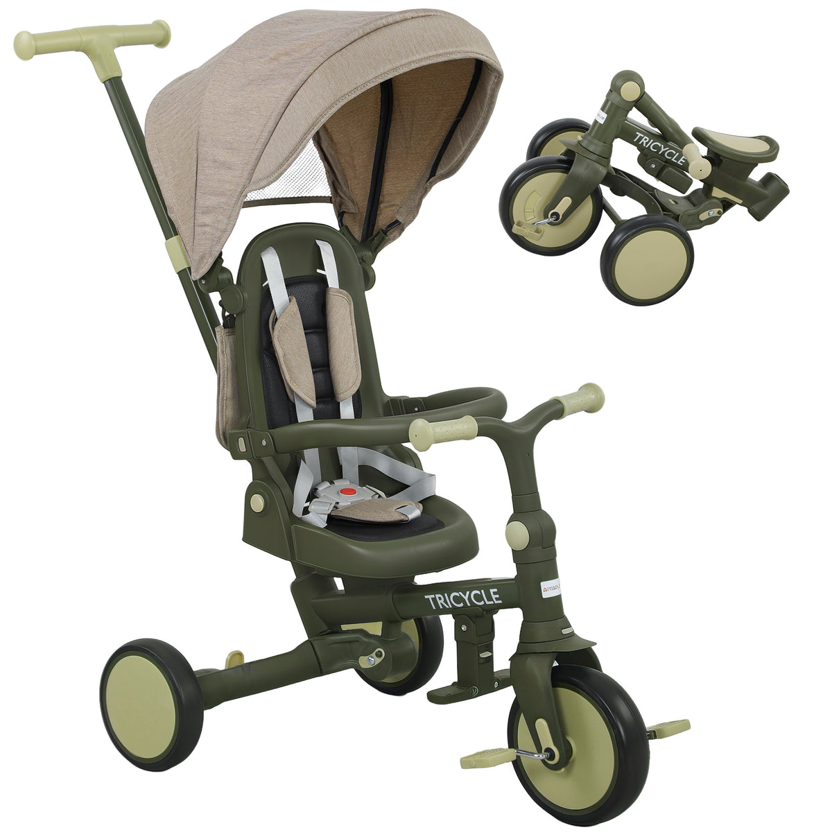 AIYAPLAY 5 in 1 Kids Trike with Adjustable Backrest, Toddler Tricycle with Push Handlebar, Adjustable Backrest, Dark Green