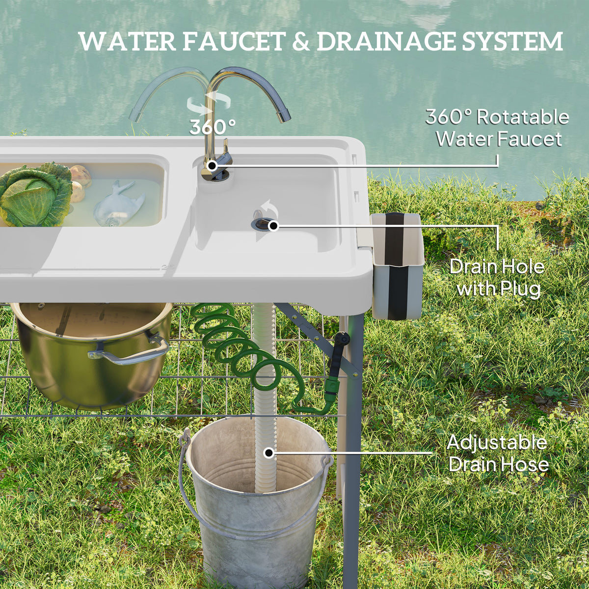 Outsunny Folding Fish Cleaning Table with Sinks, Portable Camping Sink Table with Faucet, Drainage Hose