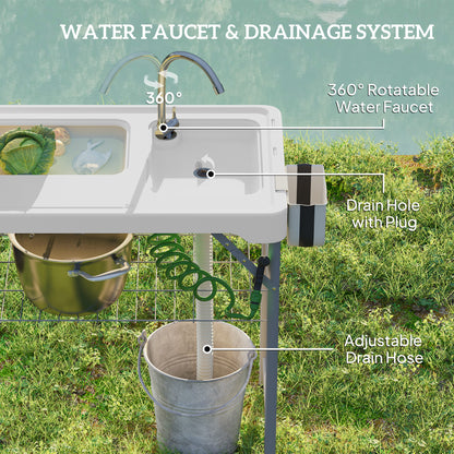 Outsunny Folding Fish Cleaning Table with Sinks, Portable Camping Sink Table with Faucet, Drainage Hose