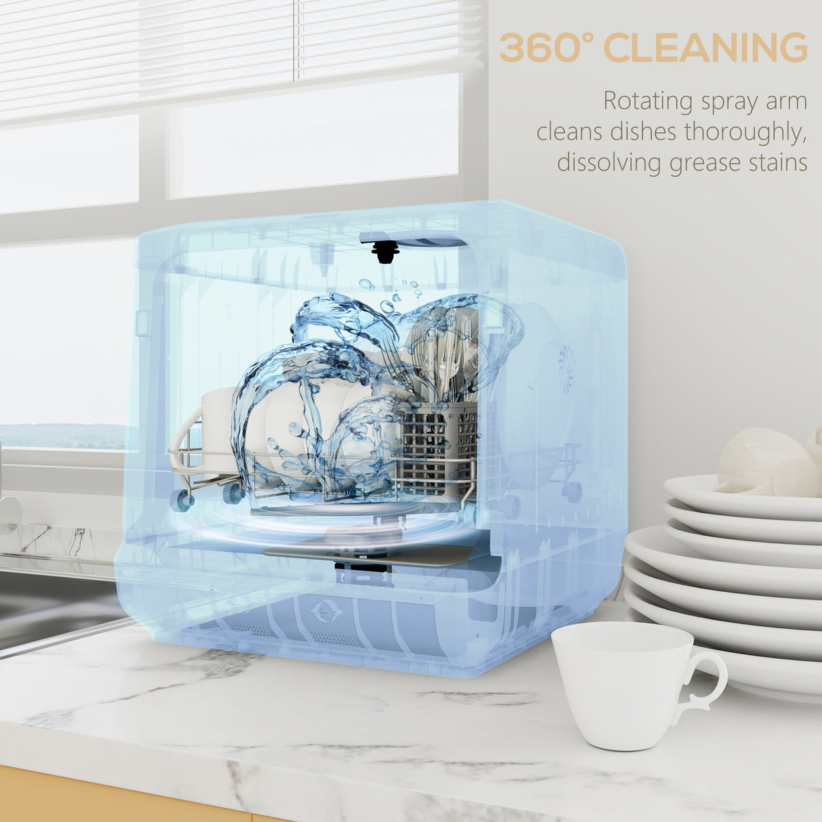 HOMCOM Table Top Dishwasher with Built-in 6L Water Tank, Mini Countertop Dishwasher with 6 Programs, 4 Place Settings, Silver Tone