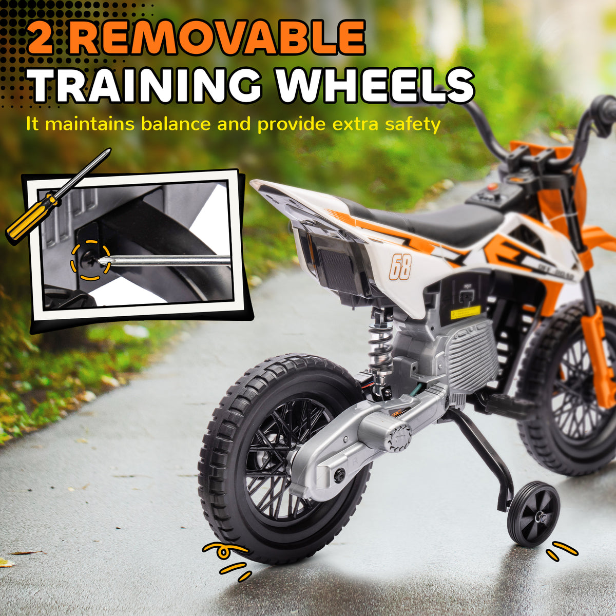 AIYAPLAY Kids Electric Motorcycle, 12V Ride On Motorbike with Training Wheels, Soft Start, Suspension, Music for 3–6 Y, Orange