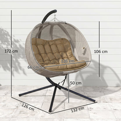 Outsunny Double Hanging Egg Chair 2 Seaters Texteline Swing Hammock Chair with Stand, Cushion and Folding Design, for Indoor and Outdoor, Brown