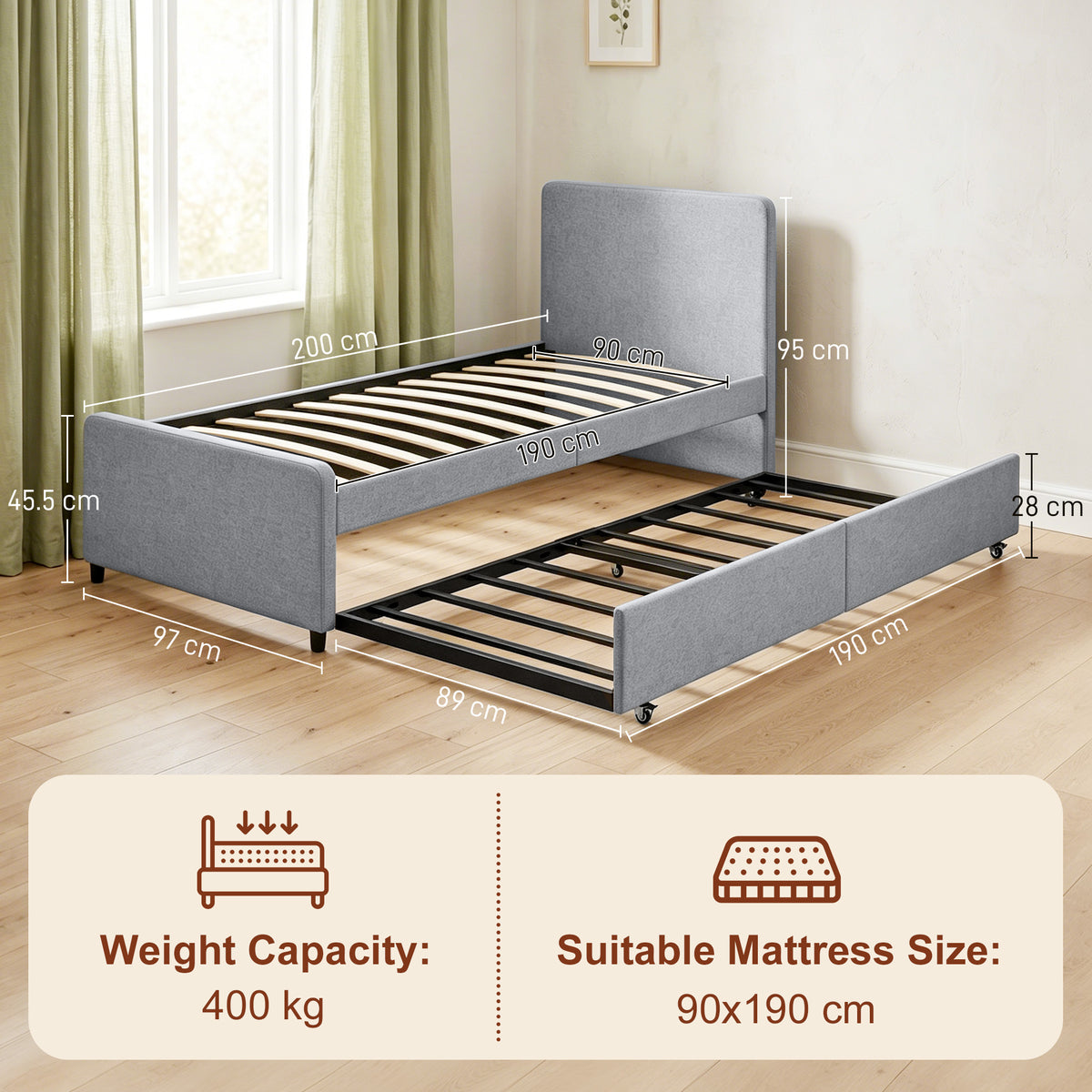 HOMCOM 3ft Single Bed Frame with Trundle, Upholstered Pull Out Trundle Bed with Headboard and Footboard, Light Grey