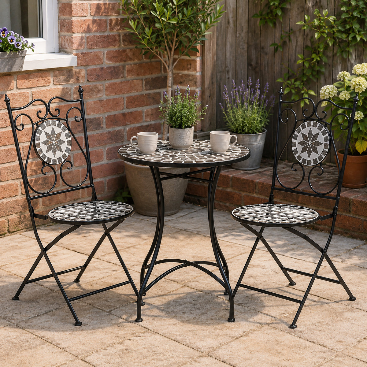 Outsunny 3 Pcs Mosaic Tile Garden Bistro Set Outdoor Seating w/ Table 2 Folding Chairs Set Metal Frame Elegant Scrolling Indoor Patio Balcony, Grey