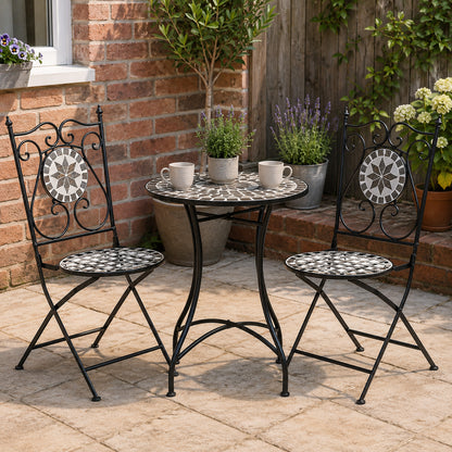 Outsunny 3 Pcs Mosaic Tile Garden Bistro Set Outdoor Seating w/ Table 2 Folding Chairs Set Metal Frame Elegant Scrolling Indoor Patio Balcony, Grey