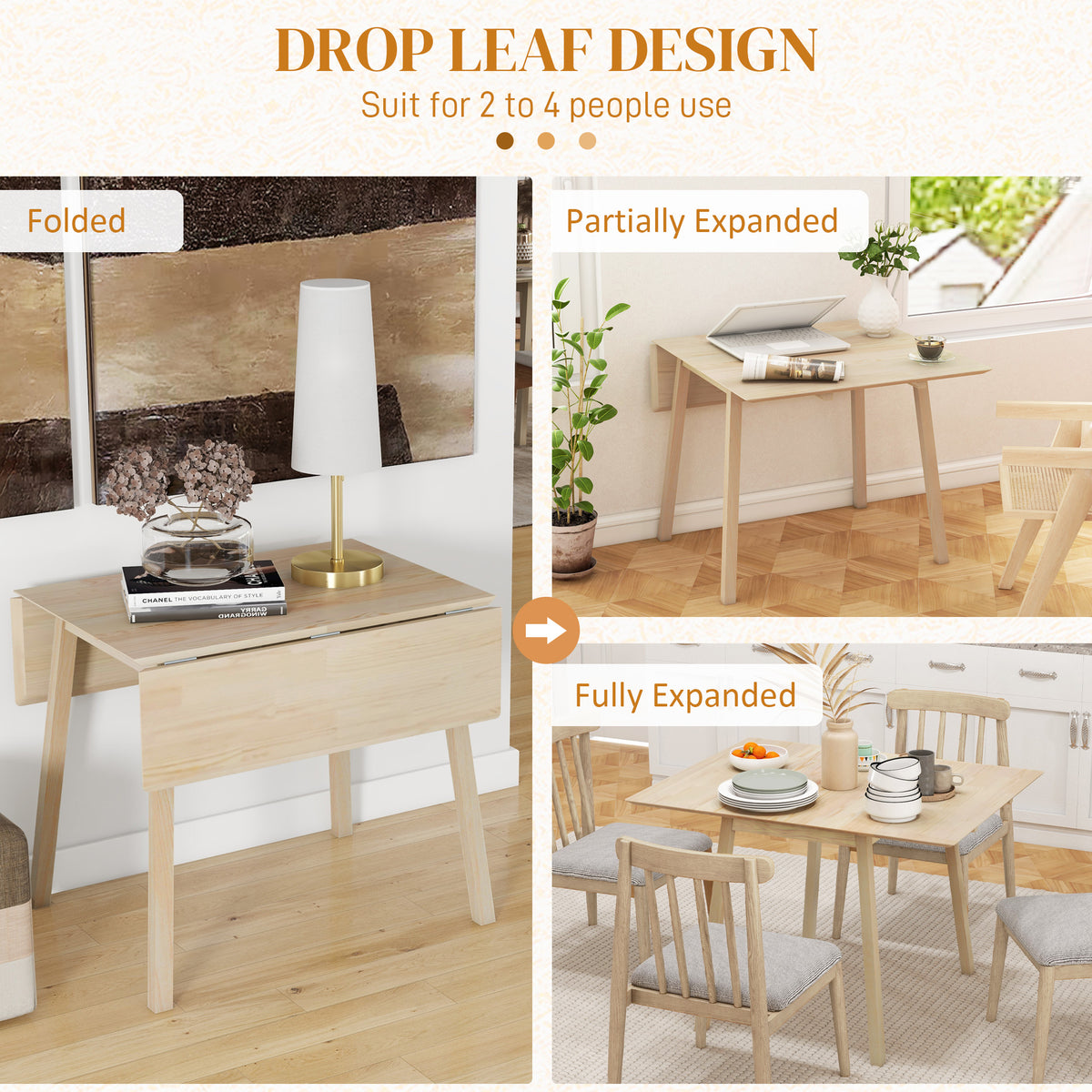 HOMCOM Solid Wood Folding Dining Table, Drop Leaf Table for 2-4 People, Natural Wood Finish