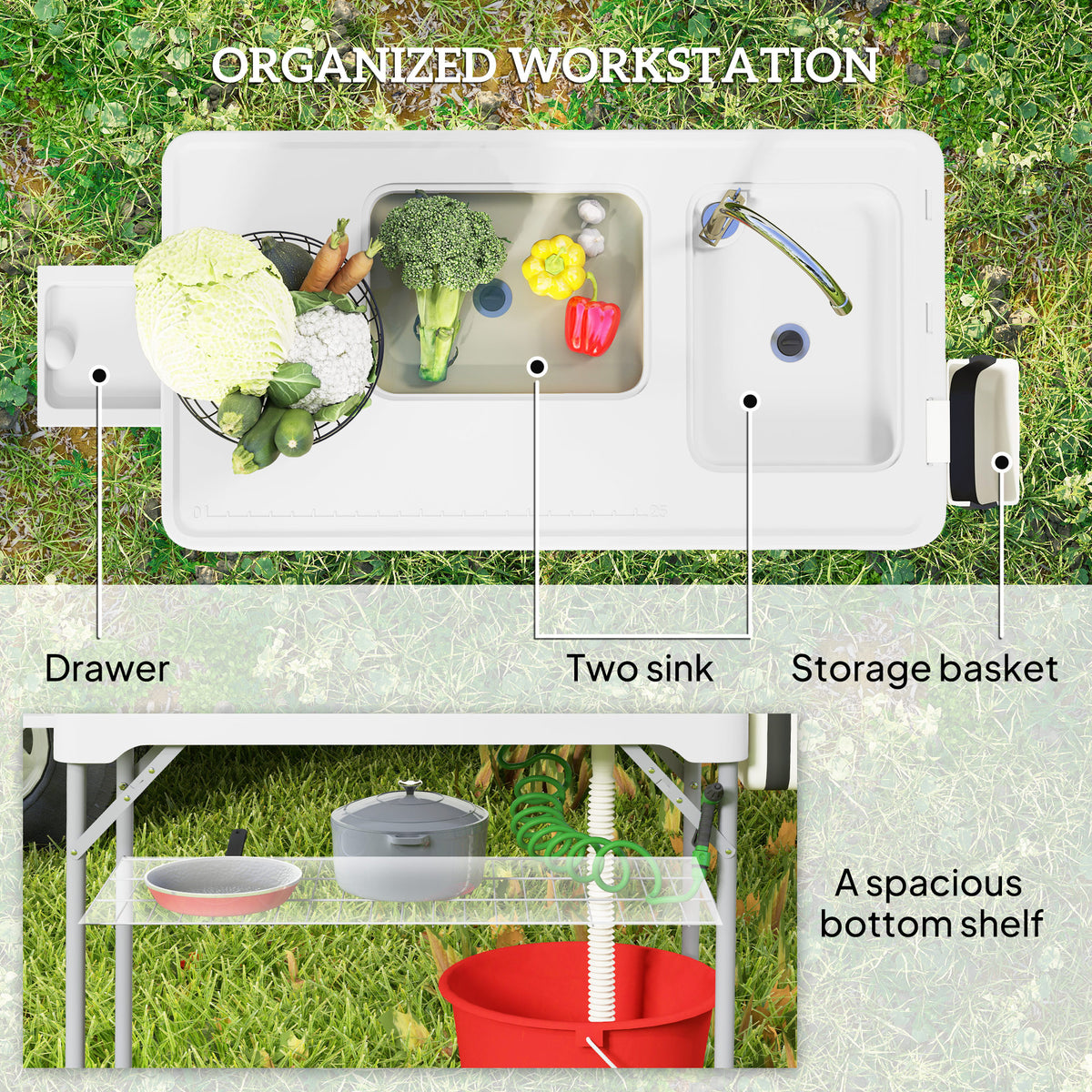 Outsunny Folding Fish Cleaning Table with Sinks, Portable Camping Sink Table with Faucet, Drainage Hose