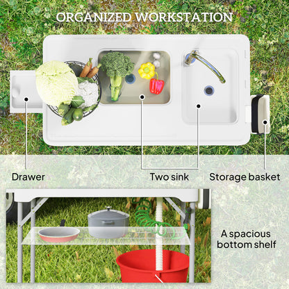 Outsunny Folding Fish Cleaning Table with Sinks, Portable Camping Sink Table with Faucet, Drainage Hose
