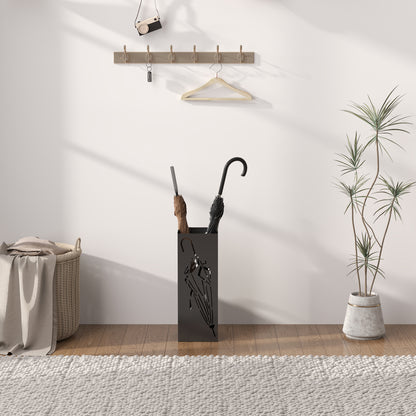 HOMCOM Metal Umbrella Stand, Square Umbrella Holder with 4 Hooks and Removable Drip Tray, Decorative Umbrella Storage Rack for Entryway, Hallway, 15.5 x 15.5 x 41 cm, Black