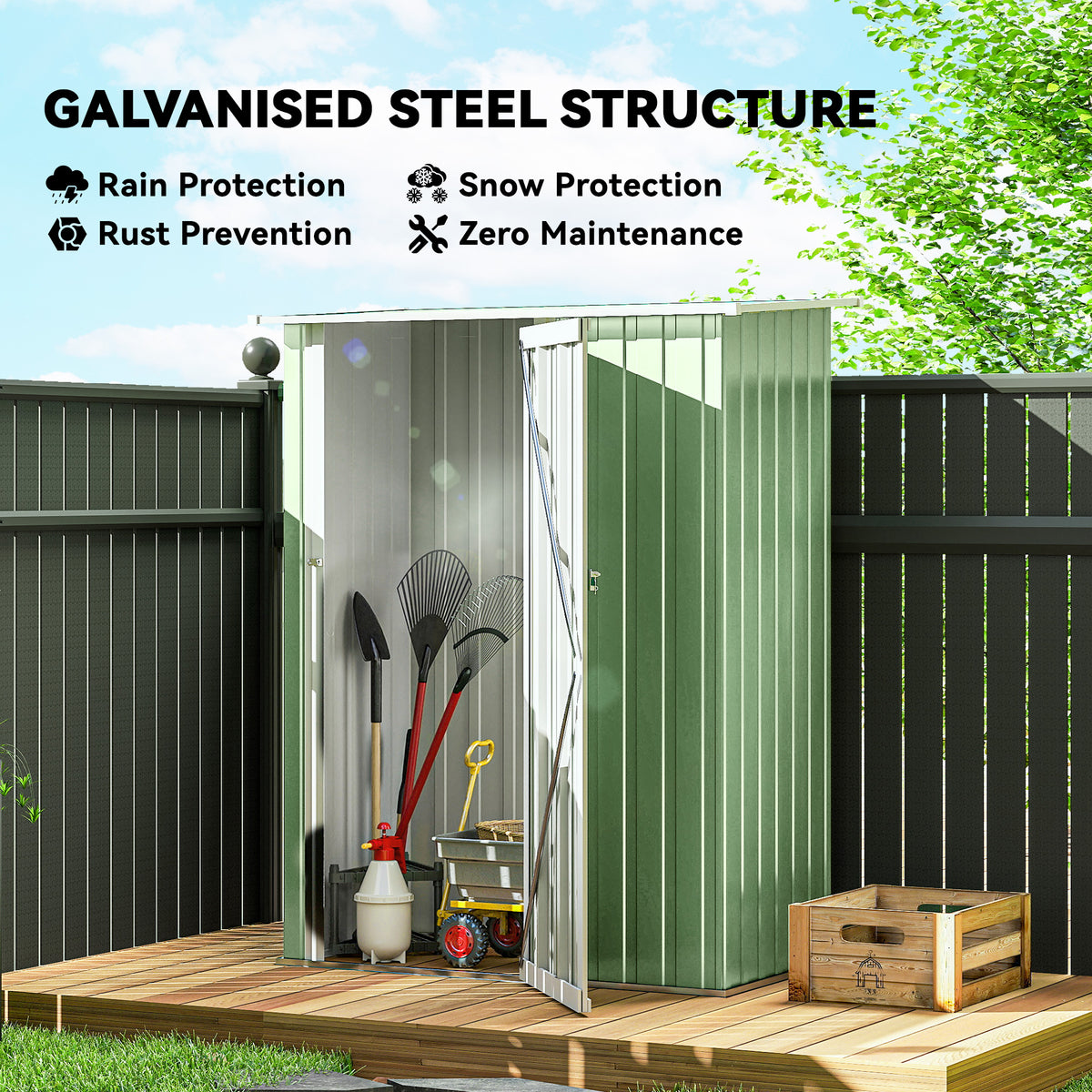 Outsunny 5ft x 3ft Garden Storage Shed, Galvanised Outdoor Metal Shed Waterproof with Sloped Roof, Lockable Door for Patio Tools, Equipment, Light Green