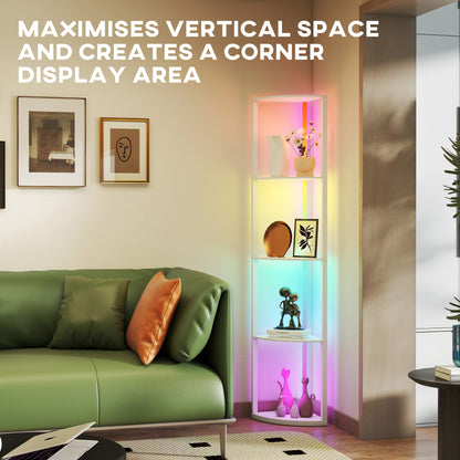 HOMCOM RGB LED Floor Lamp with Shelves, 4-Tier Dimmable Standing Lamp with Adjustable Brightness and Remote Control, Modern Corner Display Shelf Unit for Living Room Bedroom Office, White