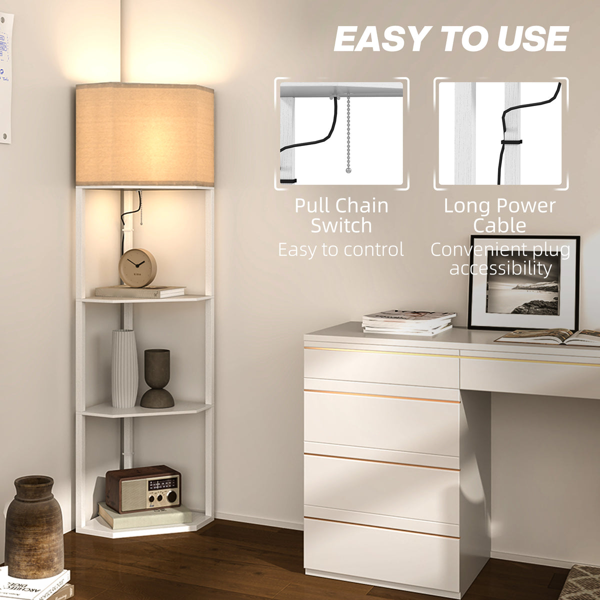 HOMCOM Corner Floor Lamp with Shelves, Tall Standing Lamps for Living Room, with Pull Chain Switch Bulb not Included, White