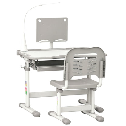 HOMCOM Kids Study Desk and Chair Set w/ Adjustable Height, Storage, Drawer, Grey