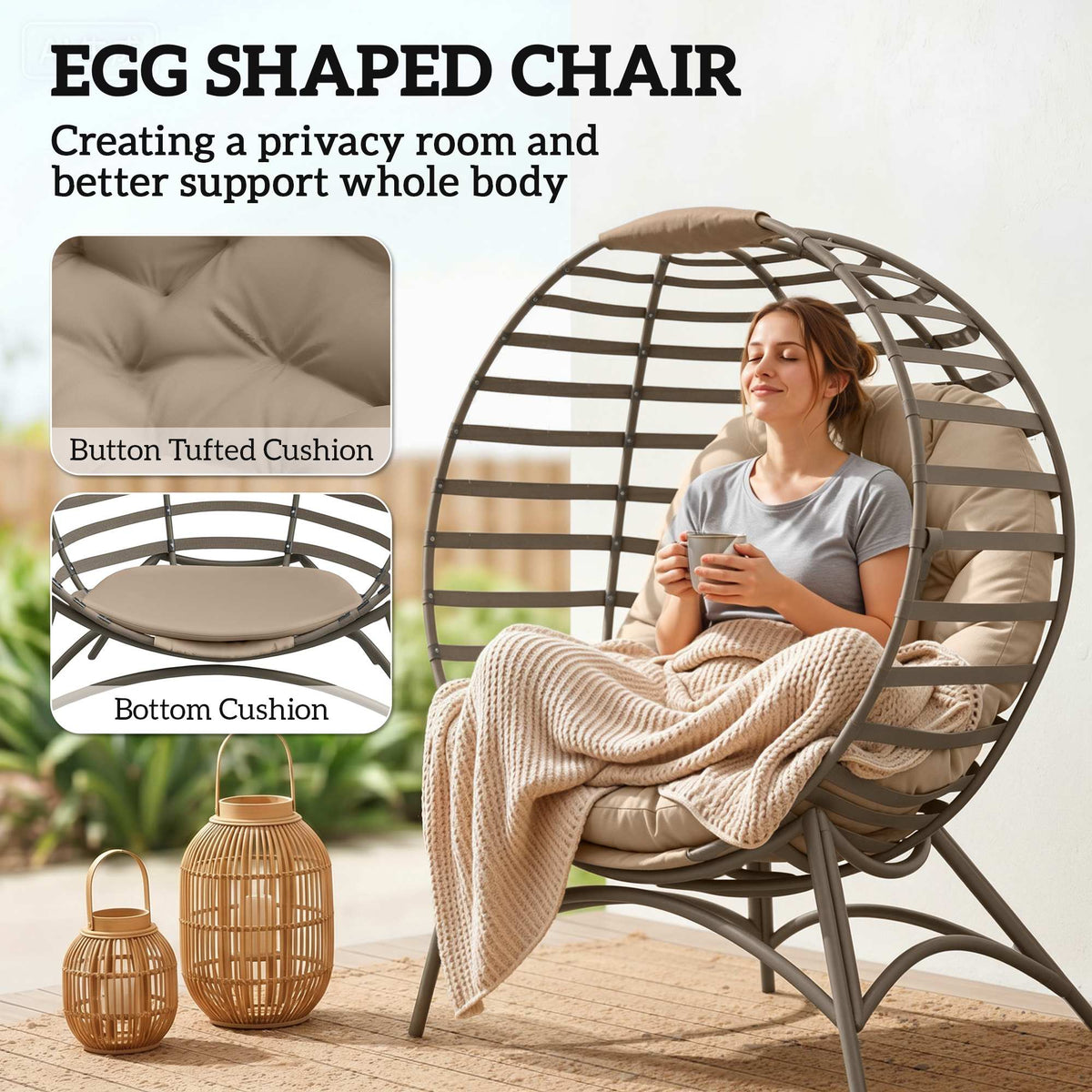 Outsunny Egg Chair with Cushion & Side Pocket - Sand