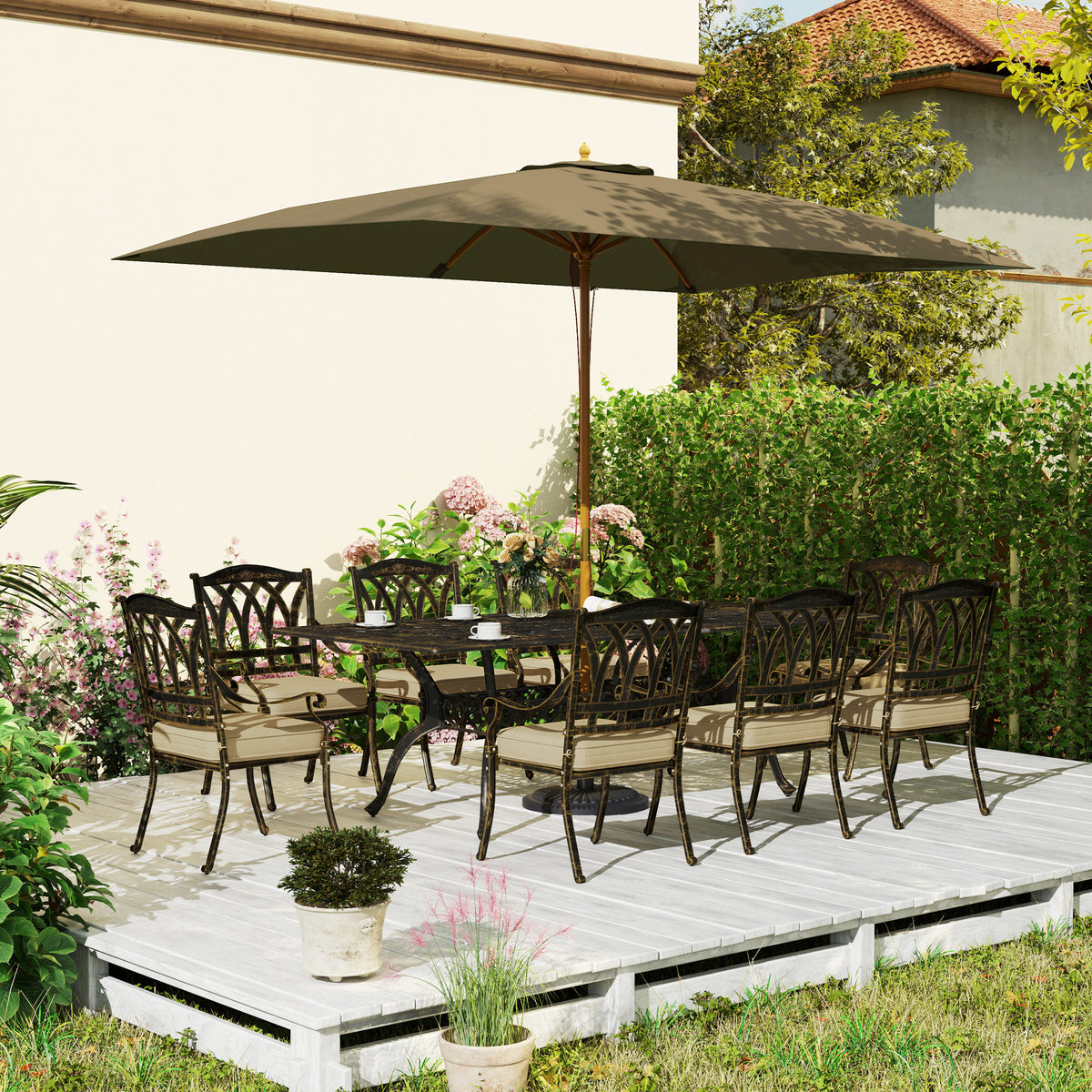 Outsunny Nine-Piece Cast Aluminium Garden Dining Set - Bronze Tone
