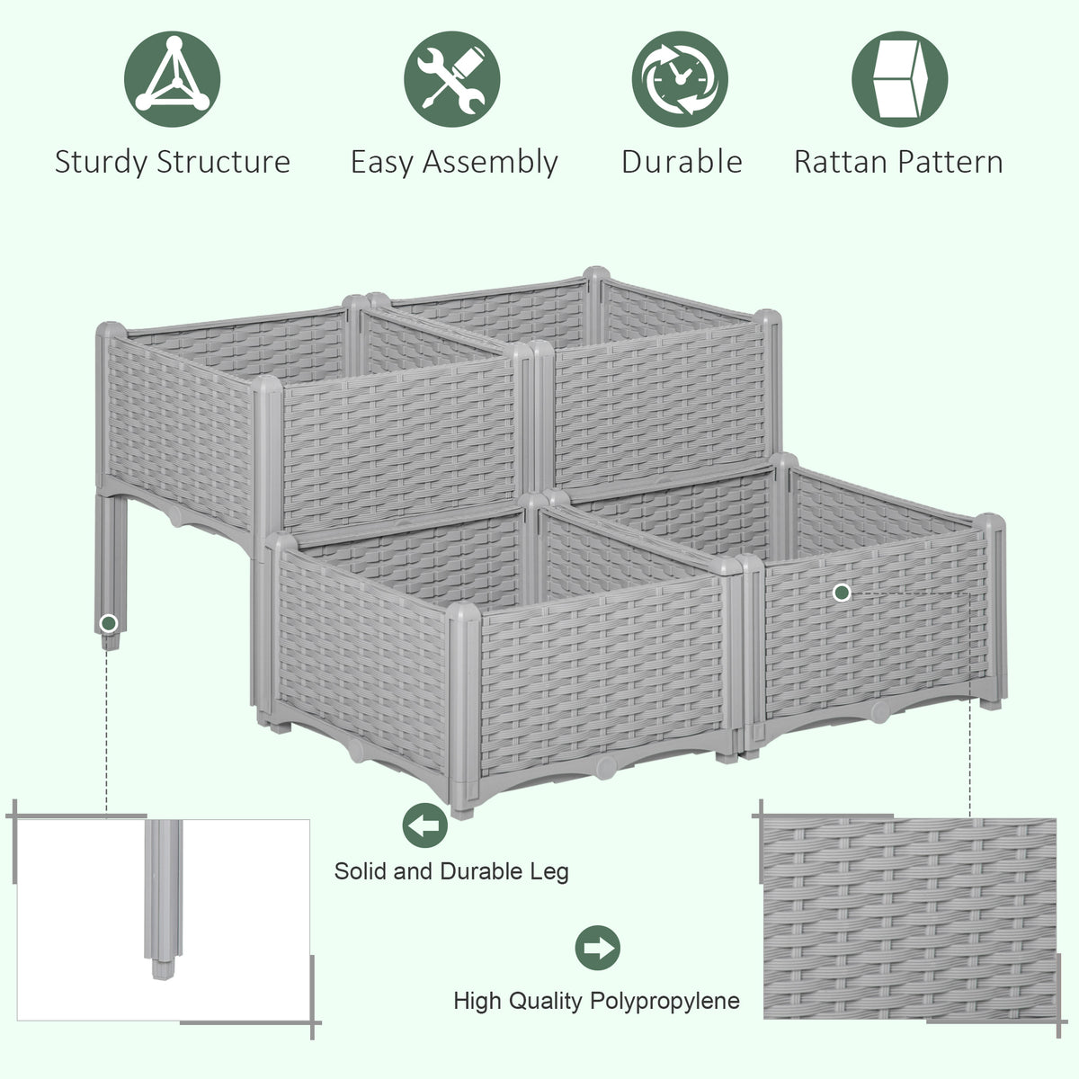Outsunny Set of 4 26L Garden Raised Bed Elevated Patio Flower Plant Planter Box PP Vegetables Planting Container, Grey