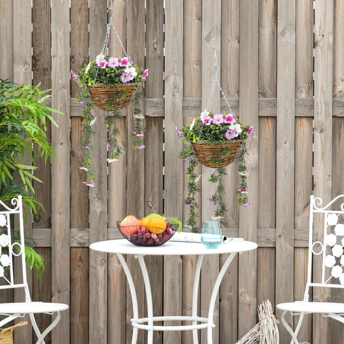 HOMCOM Set of 2 Artificial Silk Azalea Flowers, Hanging Planters with Basket, Faux Plants for Home Indoor Outdoor Decor, Pink and White