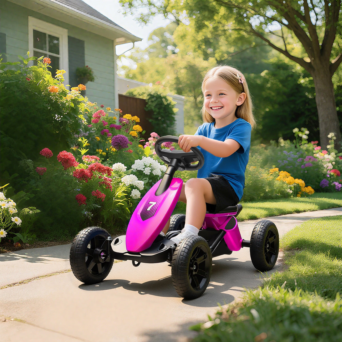 AIYAPLAY Pedal Go Kart for Kids 2-5 Years, with Silent EVA Wheels, Metal Frame, Pink
