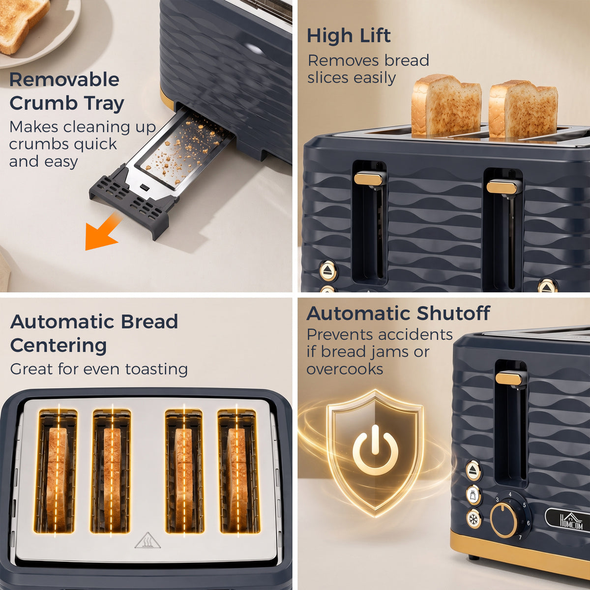 HOMCOM Toaster, Toaster 4 Slice with 7 Browning Levels, High Lift, Reheat/Defrost/Cancel, Dark Blue