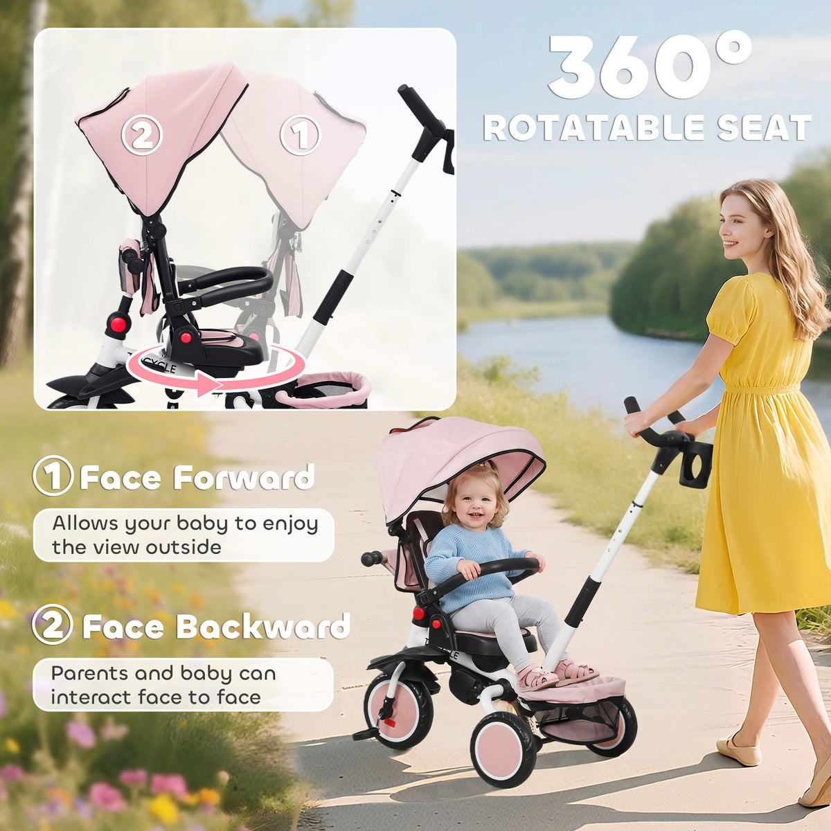 AIYAPLAY 6 in 1 Foldable Kids Trike with Adjustable Parent Handle & Canopy for Ages 1-5, Pink