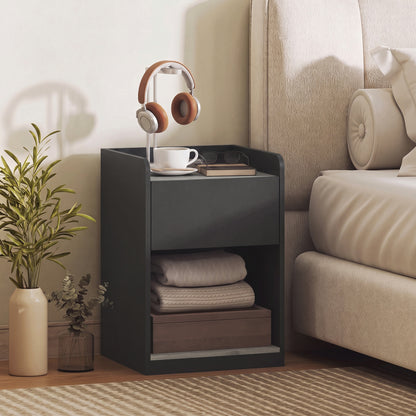HOMCOM Modern Bedside Table, Slim Nightstand with Drawer, Shelf and Cable Holes, Black and Grey Wood Effect