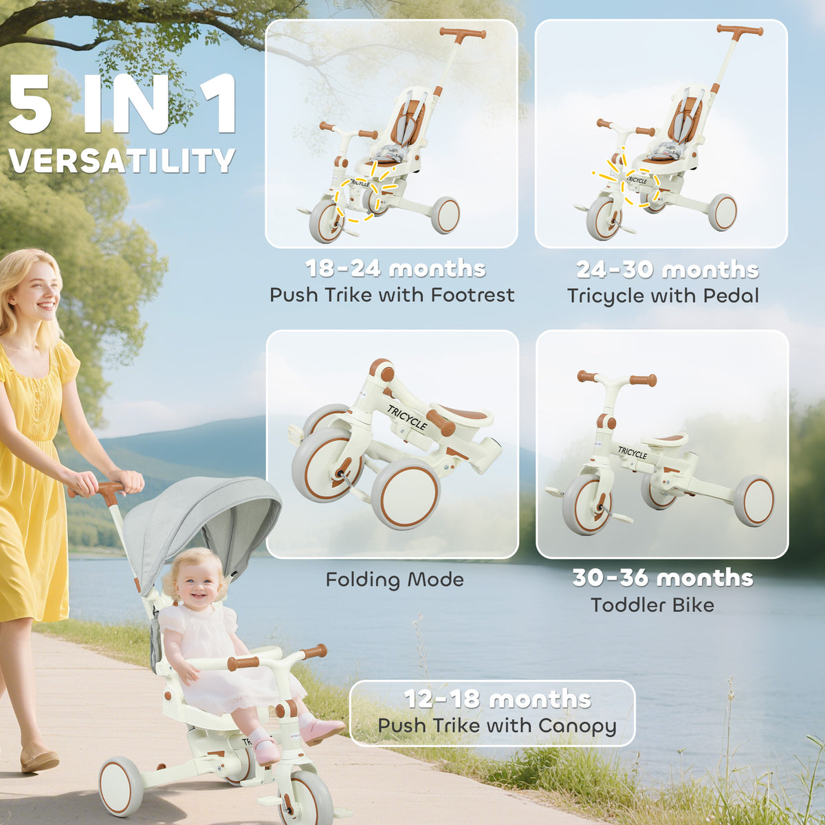 AIYAPLAY 5 in 1 Kids Trike with Adjustable Backrest, Toddler Tricycle with Push Handlebar, Adjustable Backrest, Cream White